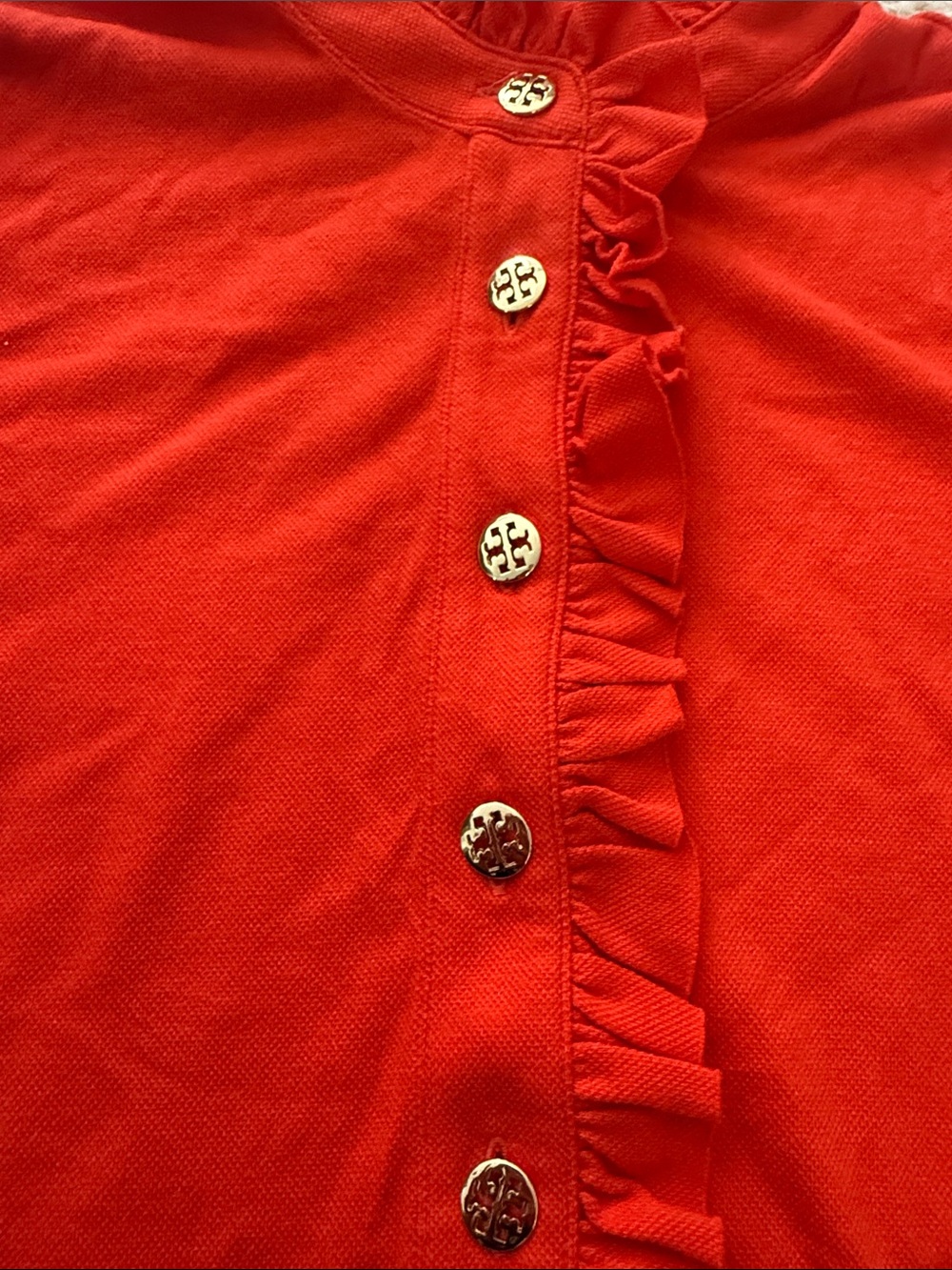 Tory Burch Red Ruffle Mock-Neck Button Front Tee - Picture 2 of 3
